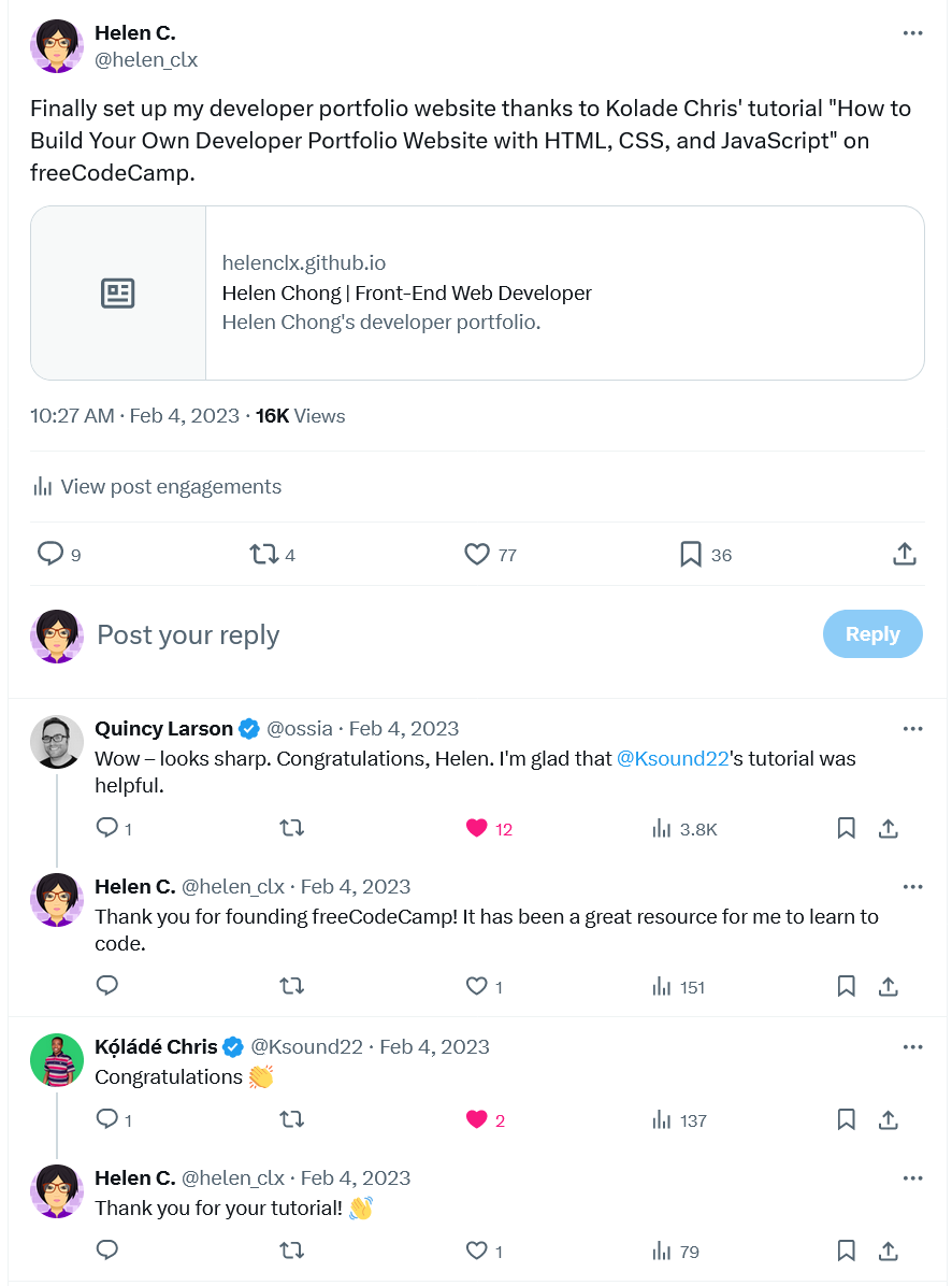 Quincy Larson and Kolade Chris' replies to my tweet
